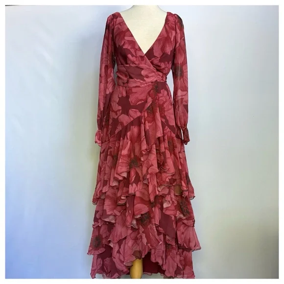 NWT Anthropologie Hutch Kya Long-Sleeve V-Neck Printed Tiered Wrap Maxi Dress XS - Picture 8 of 17